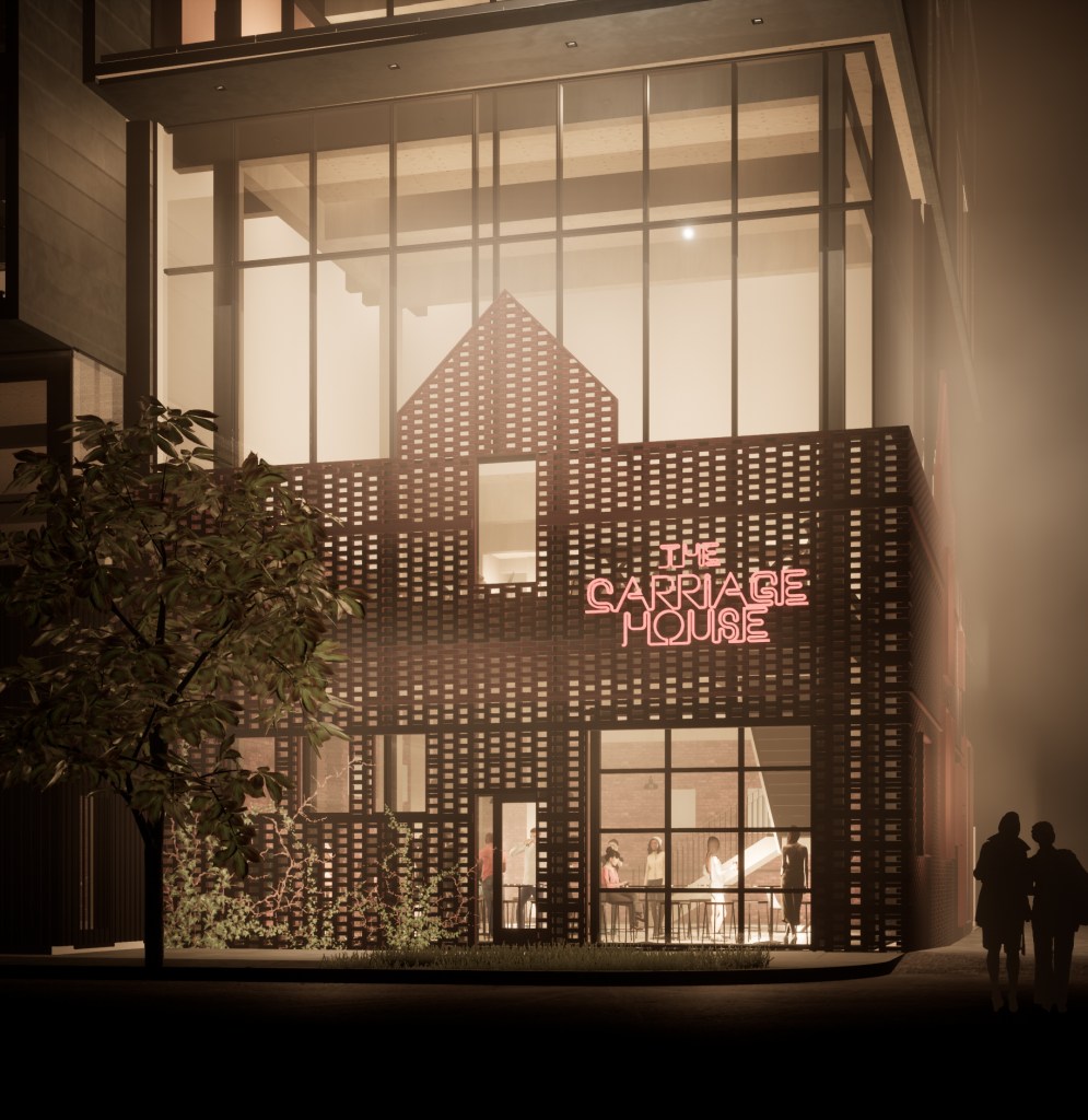 coda house rendering focused on carriage house detail, with neon sign "The Carriage House"